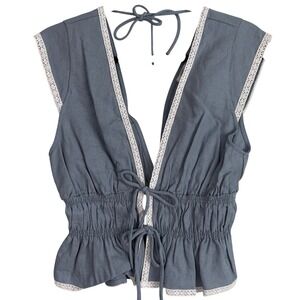 WAYF Chambray Blue Linen Blend Smocked Peplum Lace Trim Tie Front Top Medium NEW